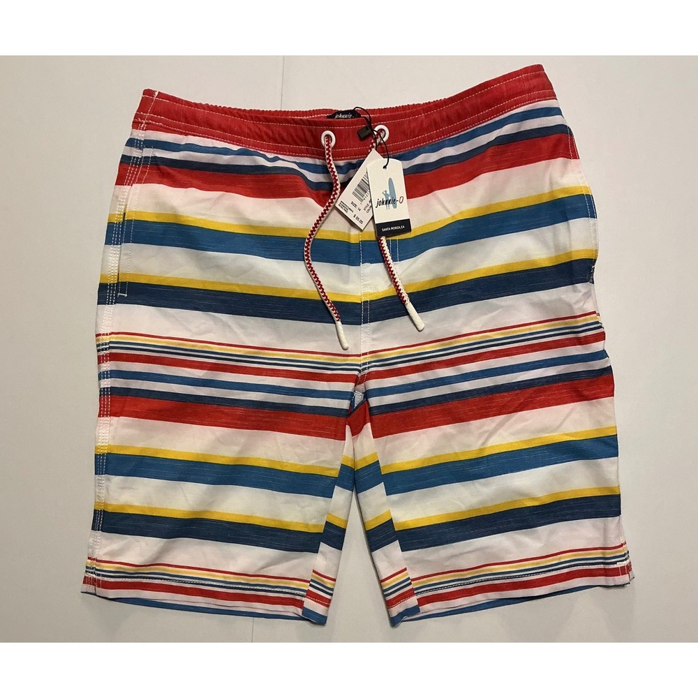 Johnnie-O Boys Striped Swim Trunks Red Blue Yellow Board Shorts Size 14 NWT